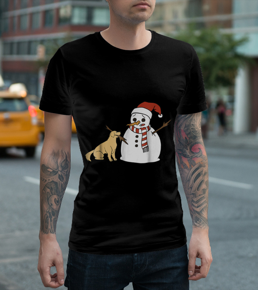 Golden Retriever Playfully Interacting With Snowman Wearing Santa Hat and Scarf T-Shirt