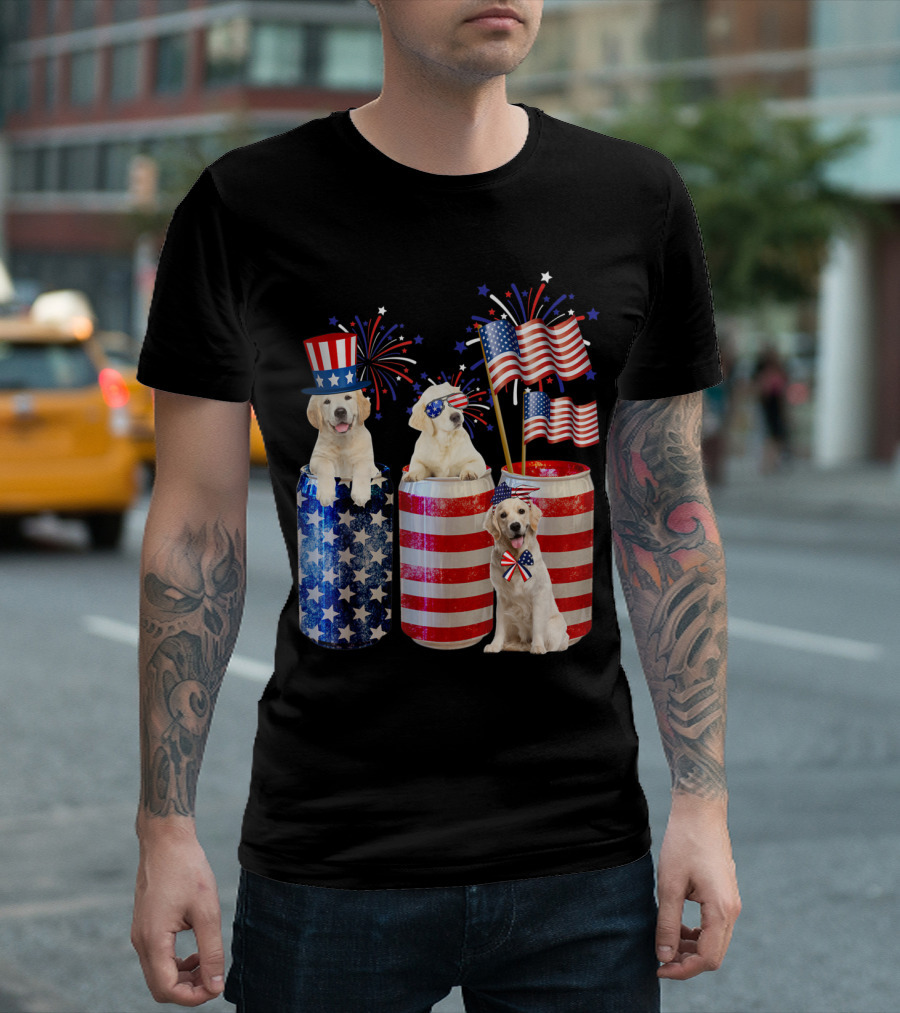 Golden Retrievers with Patriotic American Flags and Fireworks T-Shirt