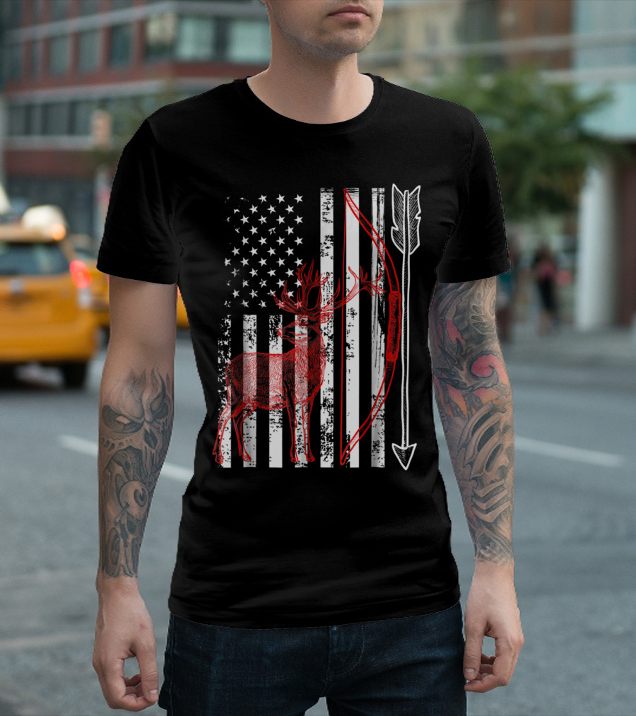 Patriotic Crossbow Hunting American Flag Deer T-Shirt