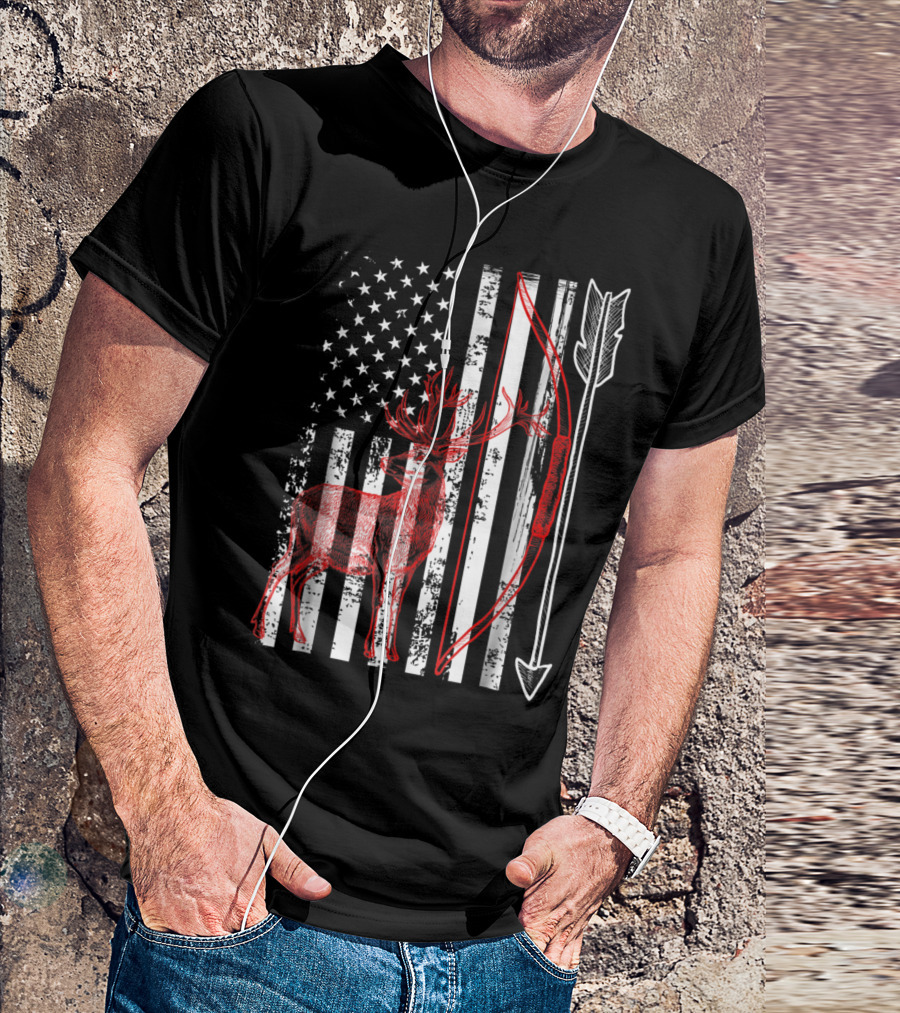Patriotic Crossbow Hunting American Flag Deer T-Shirt