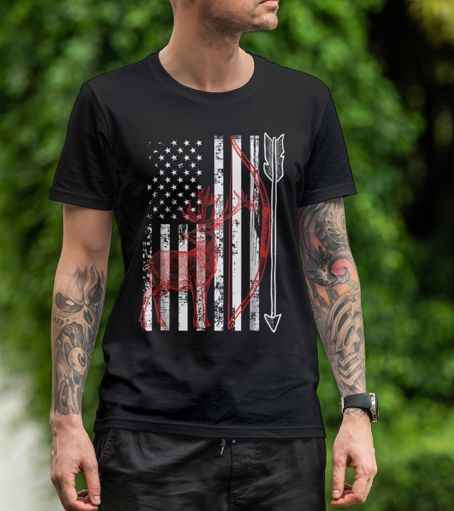 Patriotic Crossbow Hunting American Flag Deer T-Shirt