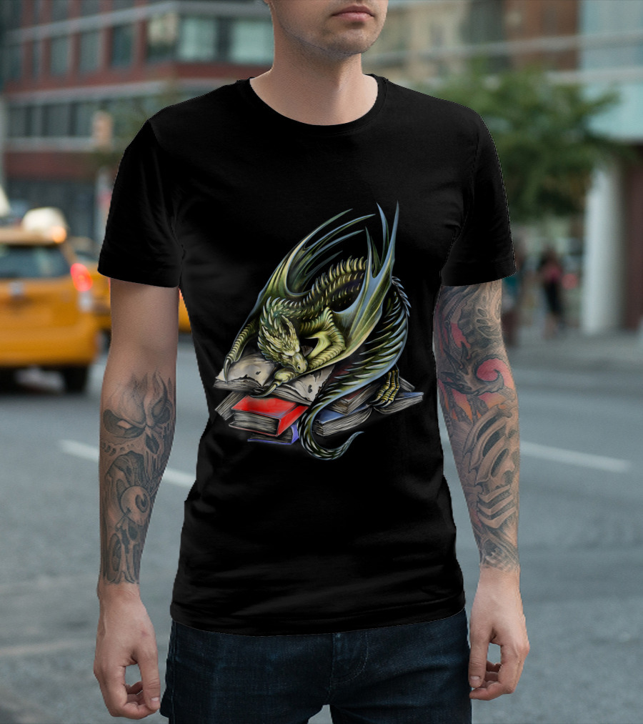 Magical Book Wyrm Dragon Resting on Pile of Books T-Shirt