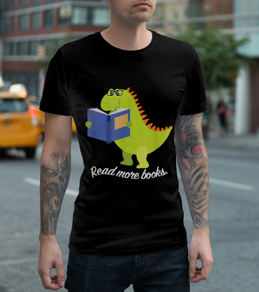 Bookish Rex Dinosaur Wearing Glasses with Read More Books Encouragement T-Shirt