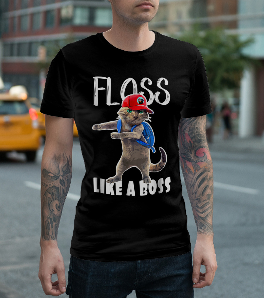 Floss Like a Boss Funny Cat in Red Cap with Blue Backpack T-Shirt