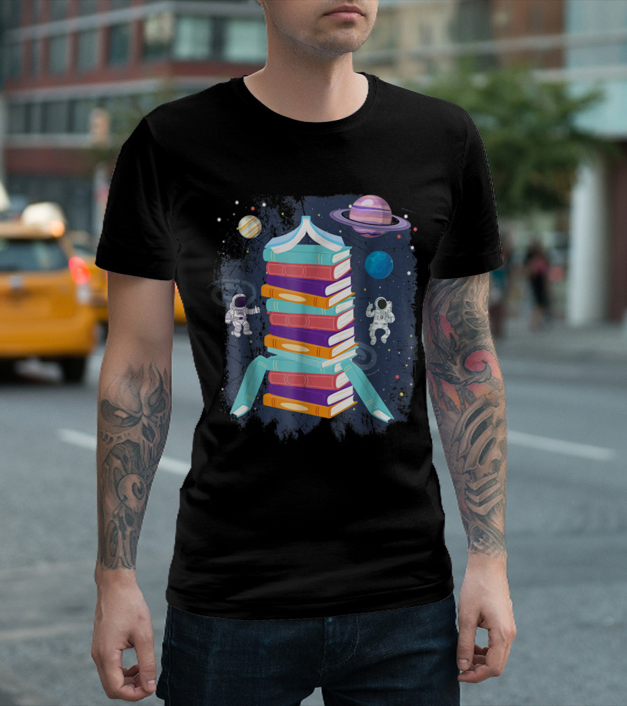 Astronauts Exploring Rocketship of Books in Cosmic Science Adventure T-Shirt