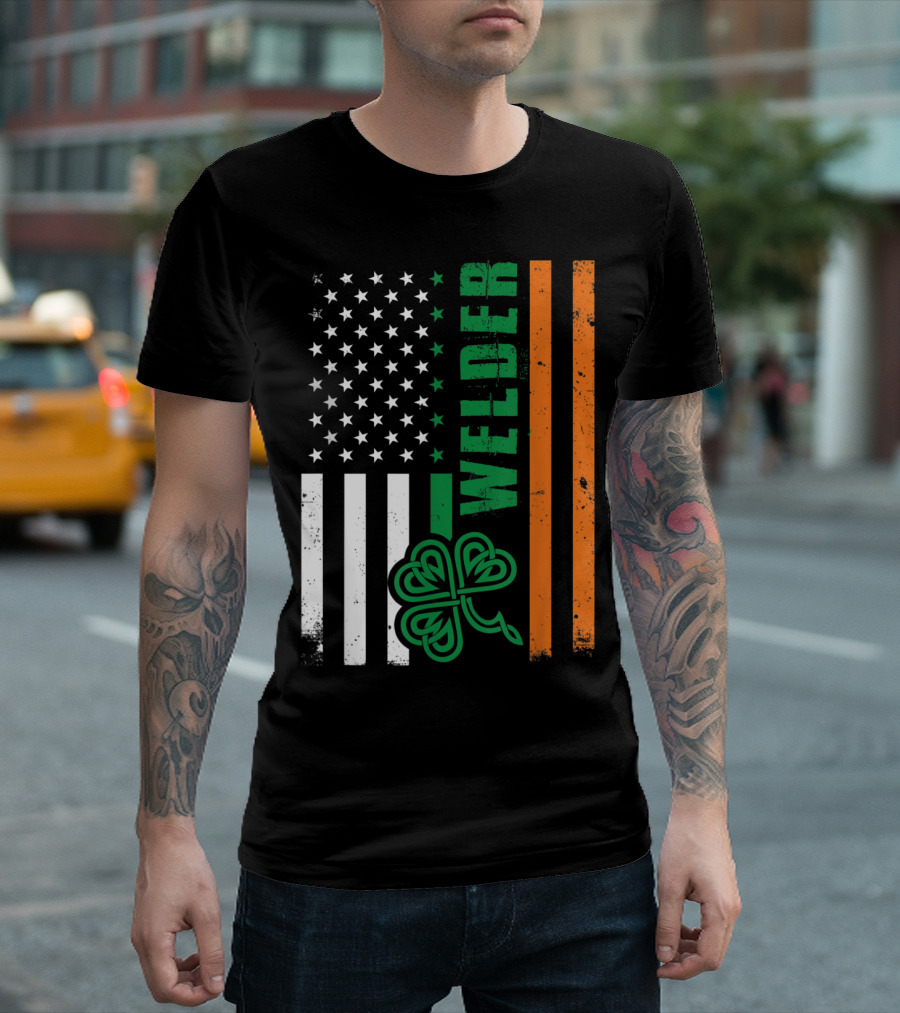 Welder American Ireland Flag with Shamrock T-Shirt