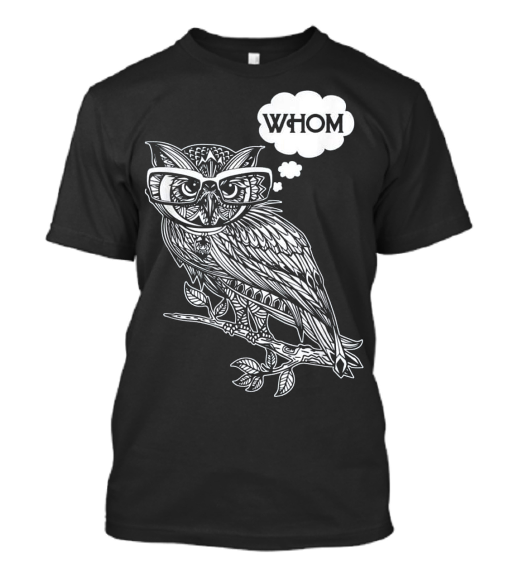 Owl With Glasses Thinking 'Whom' Grammar Bookworm T-Shirt
