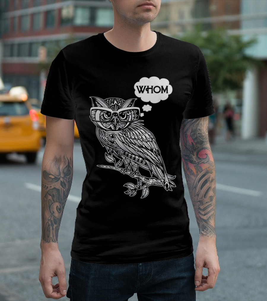 Owl With Glasses Thinking 'Whom' Grammar Bookworm T-Shirt