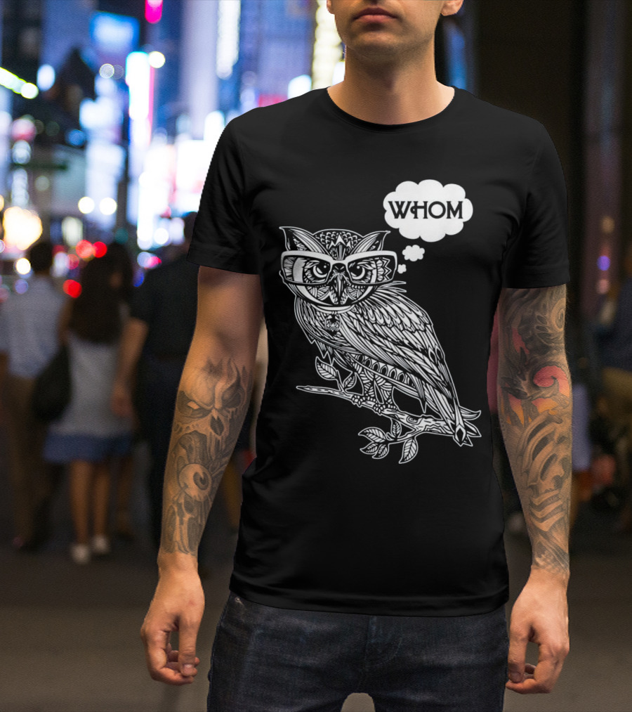 Owl With Glasses Thinking 'Whom' Grammar Bookworm T-Shirt