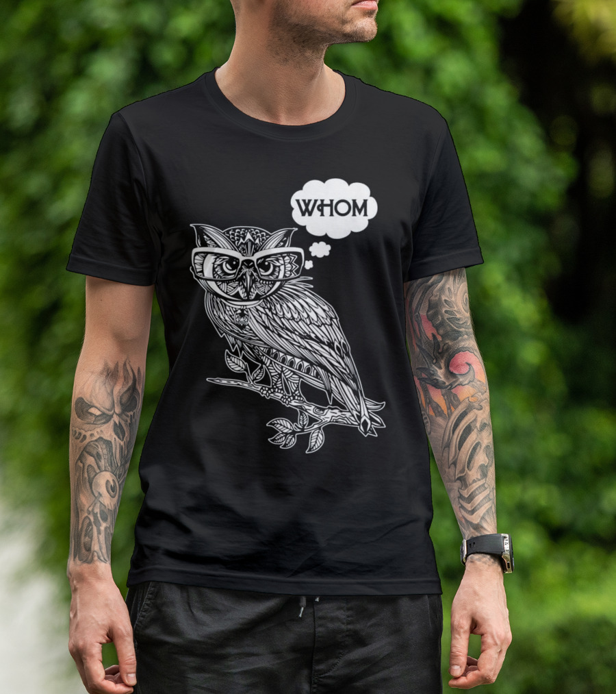 Owl With Glasses Thinking 'Whom' Grammar Bookworm T-Shirt