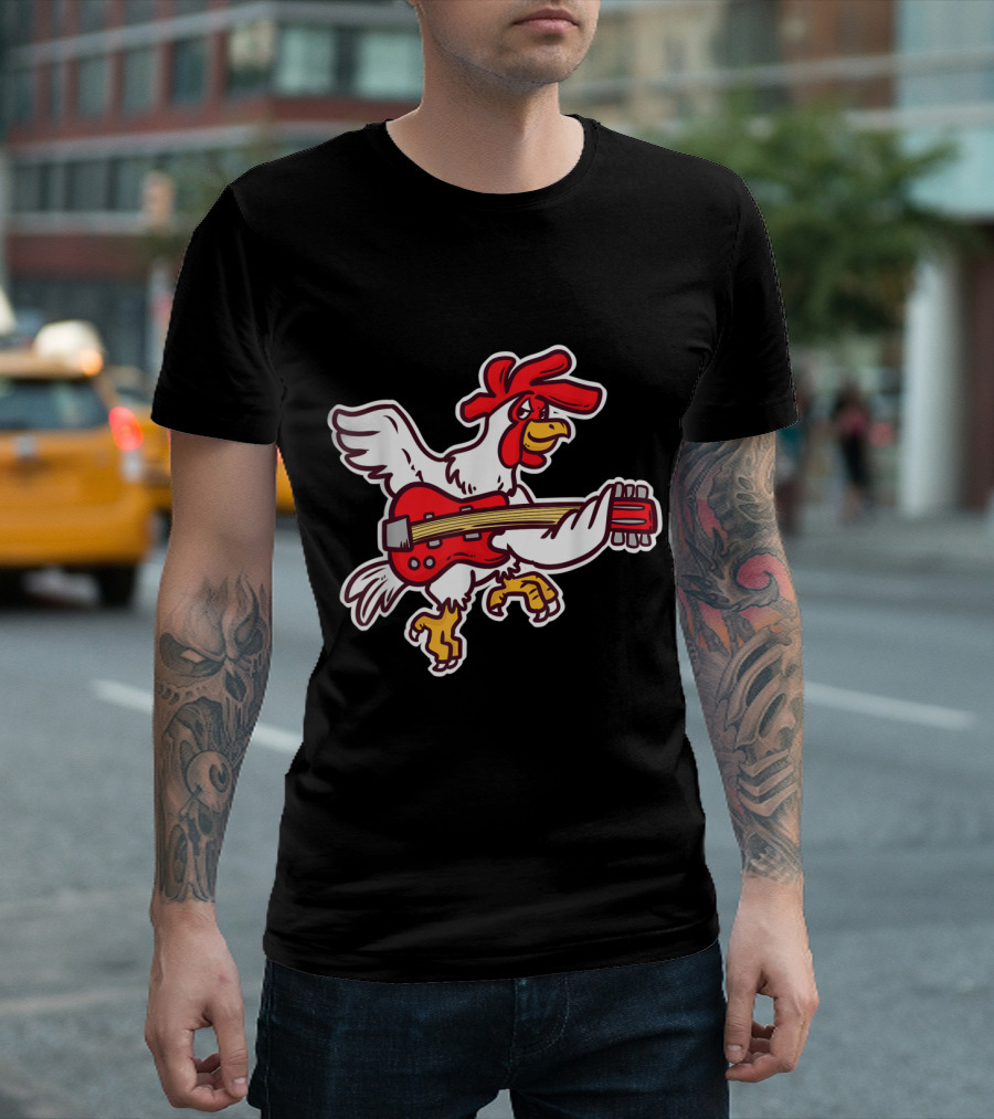 Chicken Playing Red Electric Guitar Cartoon T-Shirt