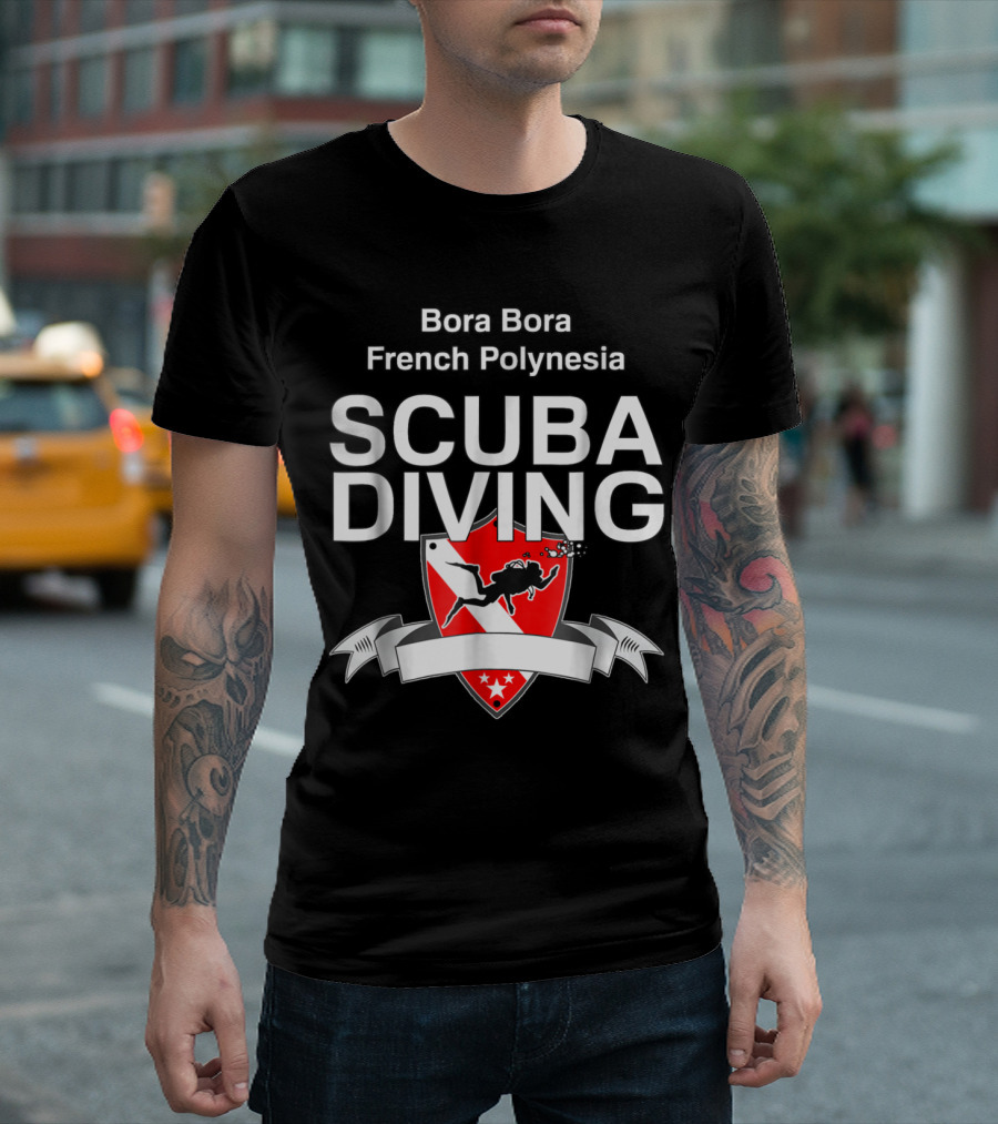 Bora Bora French Polynesia Scuba Diving Red Shield With Diver T-Shirt