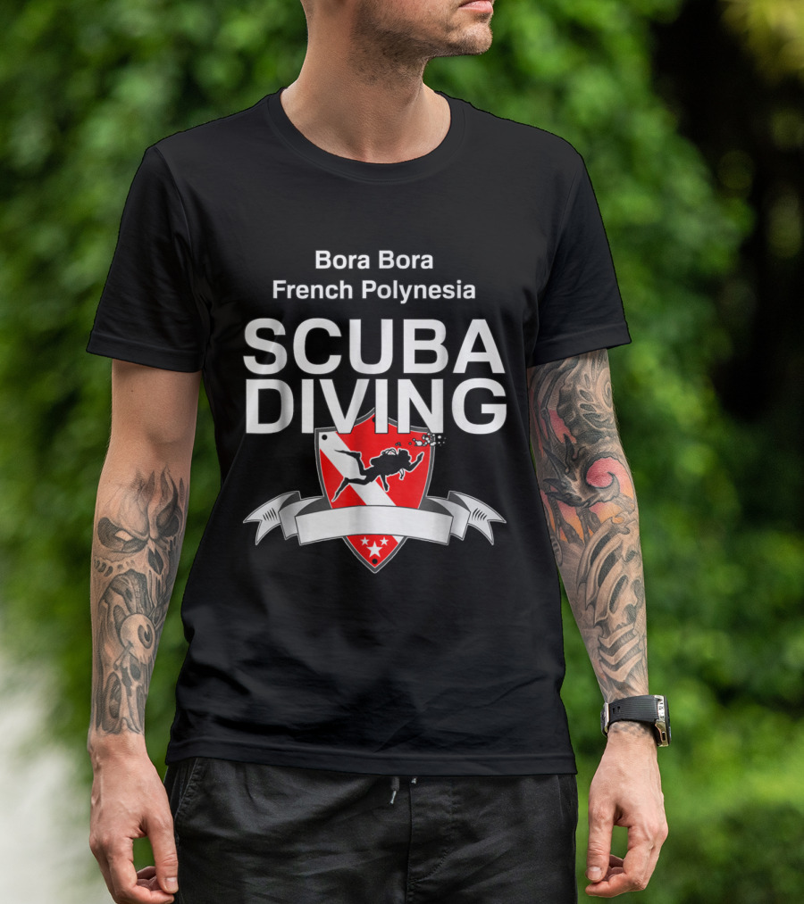 Bora Bora French Polynesia Scuba Diving Red Shield With Diver T-Shirt