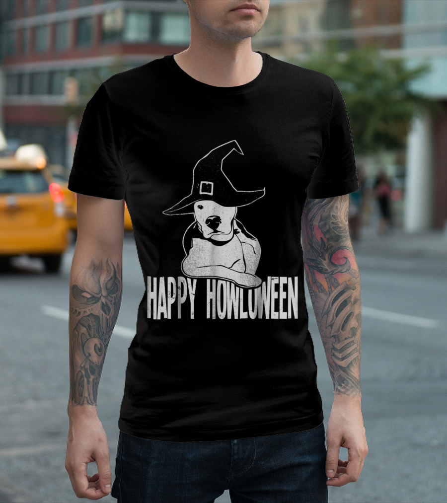 Happy Howloween Pitbull With Witch Hat Halloween T-Shirt