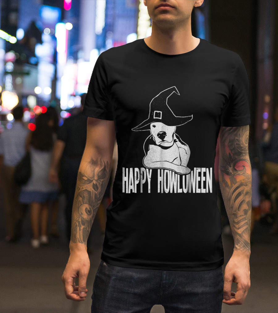 Happy Howloween Pitbull With Witch Hat Halloween T-Shirt