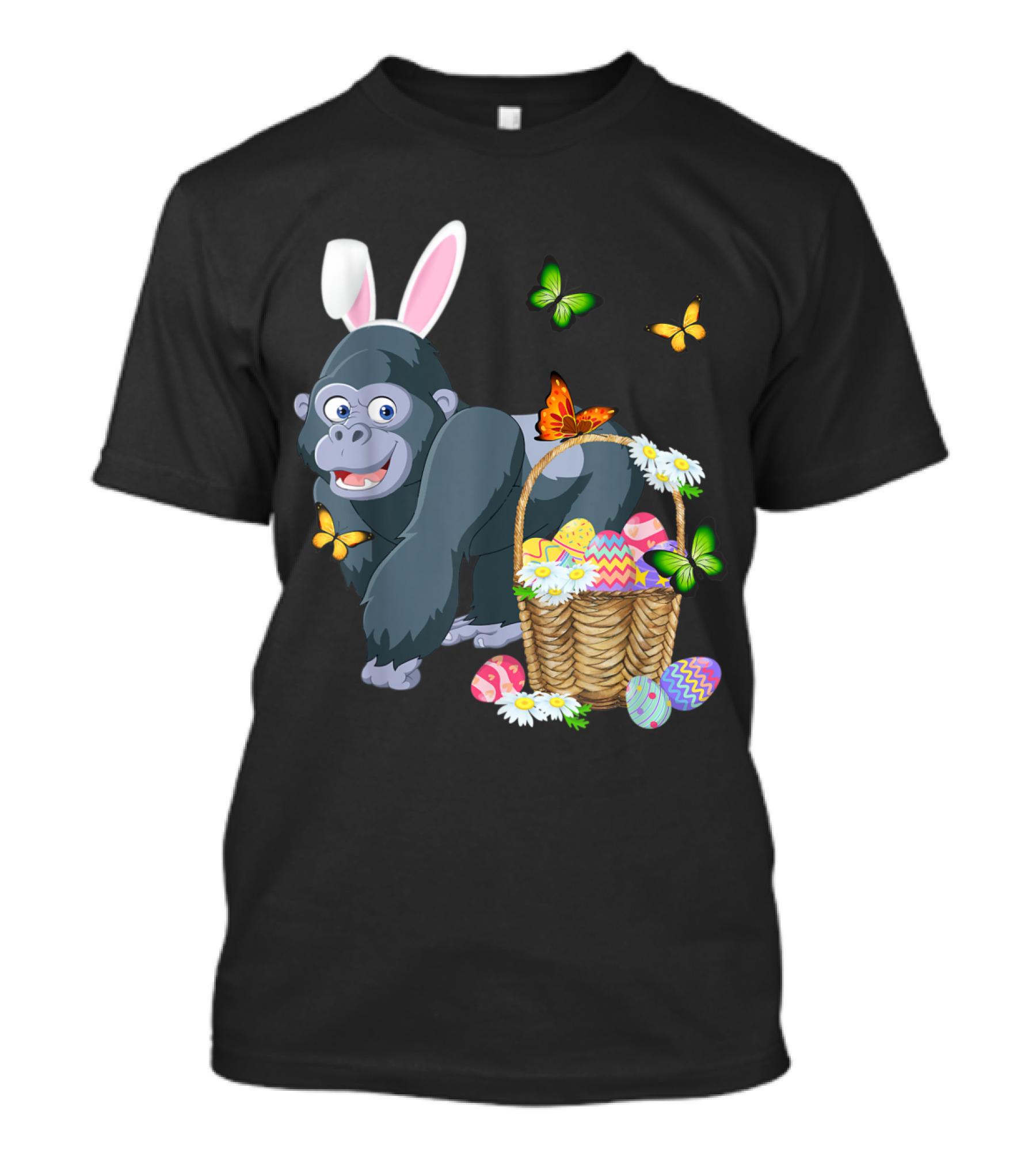 Gorilla With Bunny Ears And Basket Of Easter Eggs Surrounded By Butterflies T-Shirt
