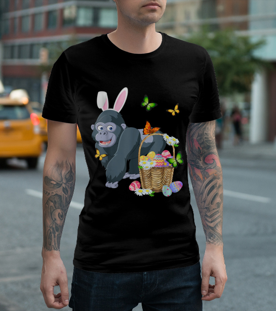 Gorilla With Bunny Ears And Basket Of Easter Eggs Surrounded By Butterflies T-Shirt