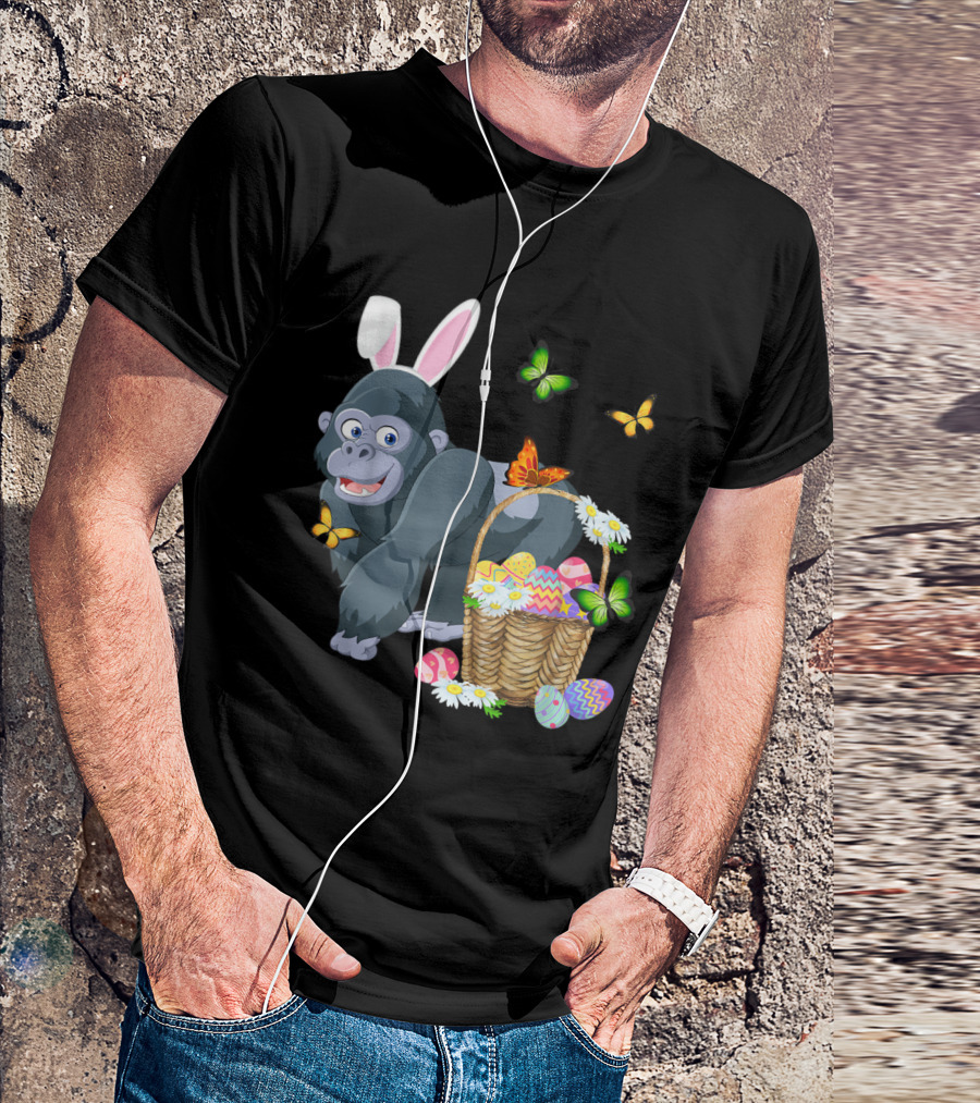 Gorilla With Bunny Ears And Basket Of Easter Eggs Surrounded By Butterflies T-Shirt