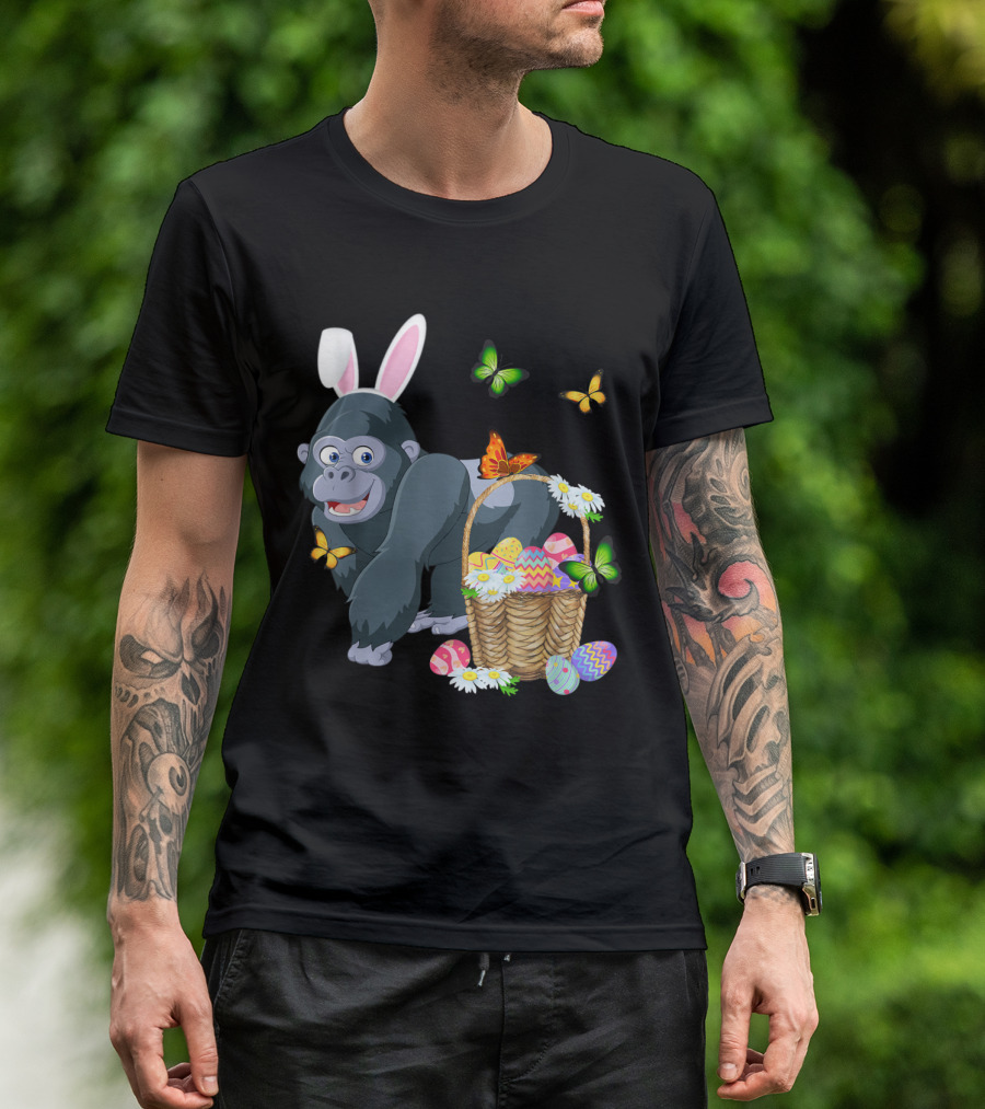 Gorilla With Bunny Ears And Basket Of Easter Eggs Surrounded By Butterflies T-Shirt