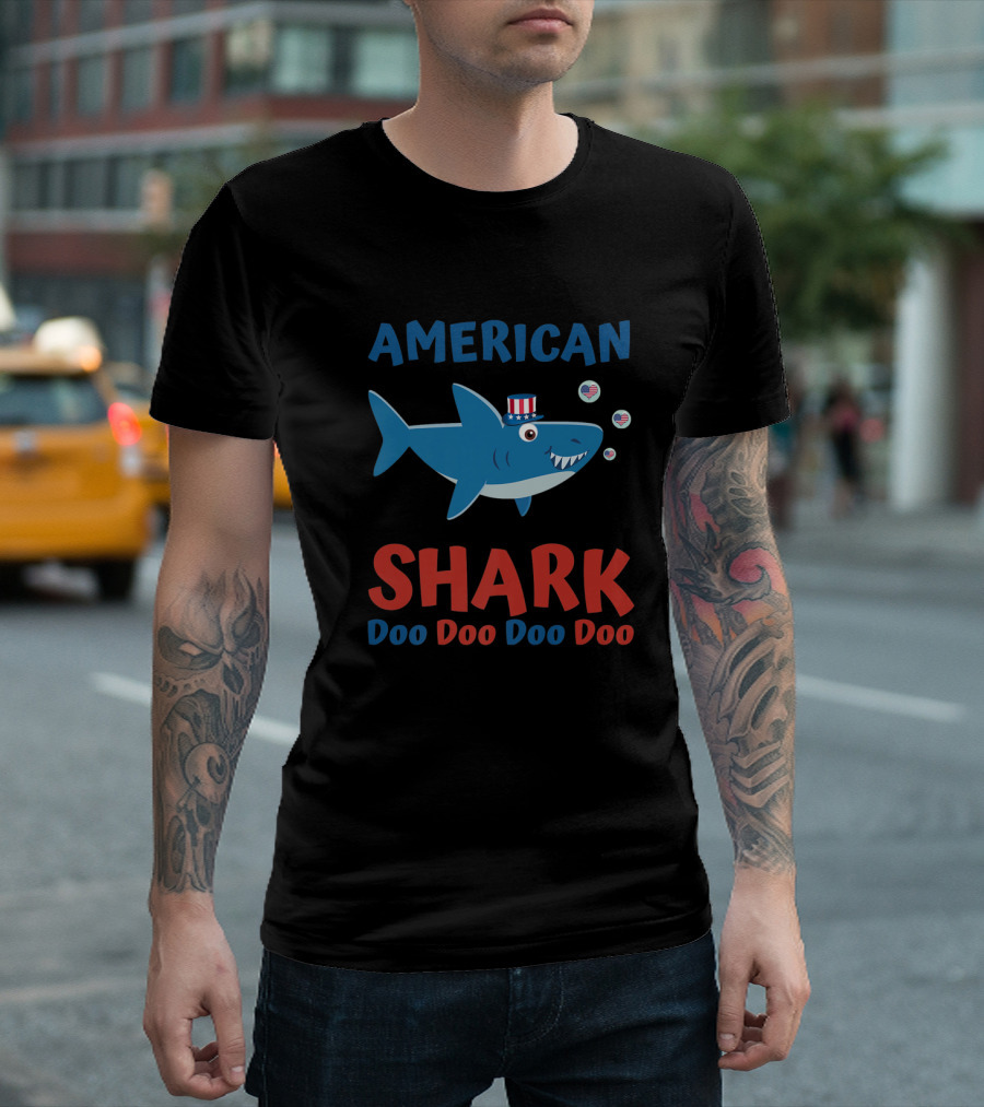 American Shark Doo Doo Patriotic Hat and Heart Bubbles T-Shirt