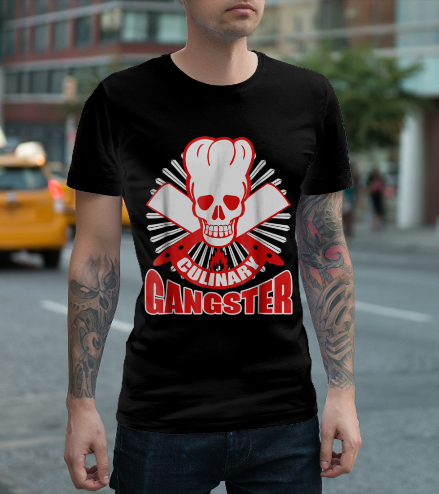 Culinary Gangster Chef Skull with Crossed Knives and Flame T-Shirt