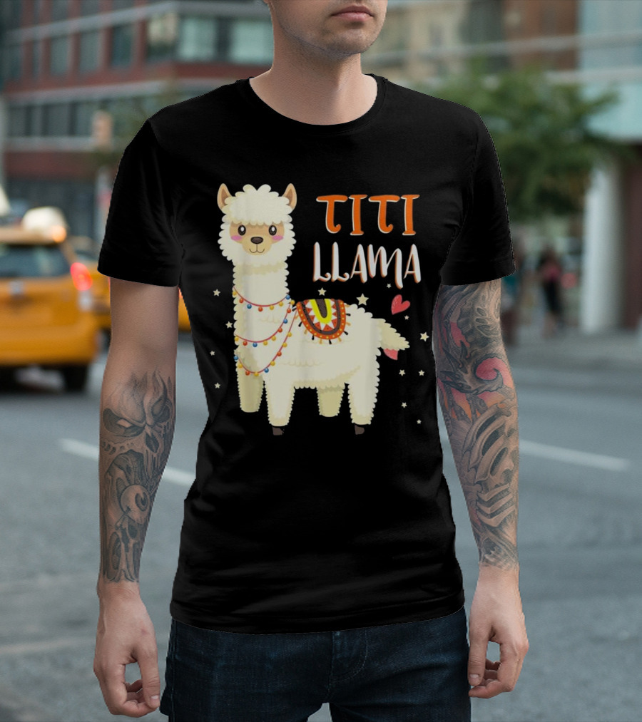 Titi Llama Cartoon with Colorful Blanket Hearts and Stars T-Shirt