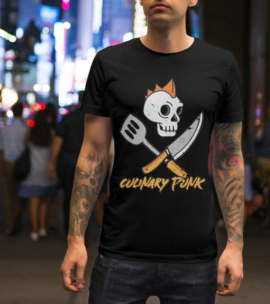 Culinary Punk Skull With Knife And Spatula Chef Humor T-Shirt