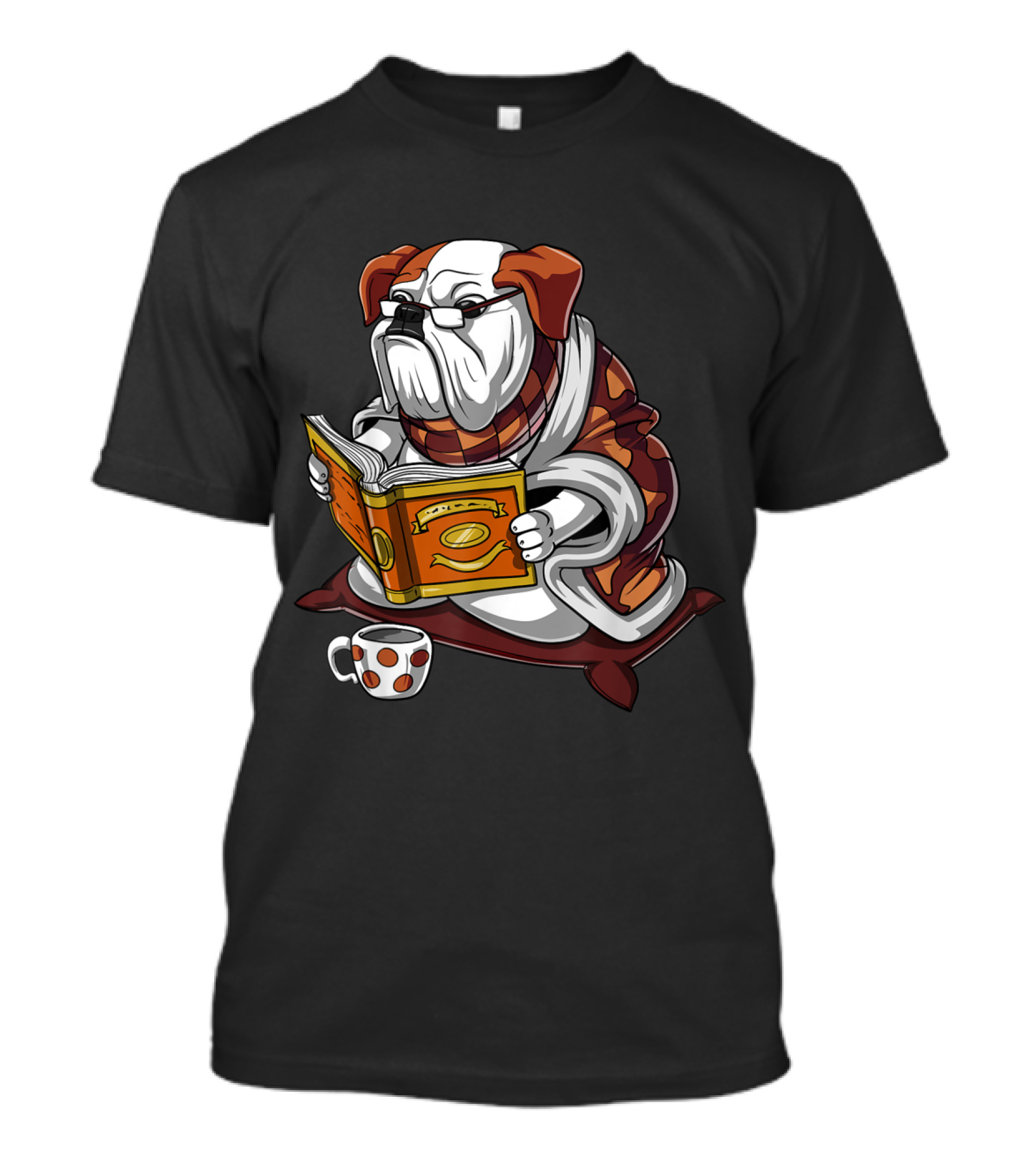 English Bulldog Book Reading Glasses With Polka Dot Mug Cozy Nerd Aesthetic T-Shirt