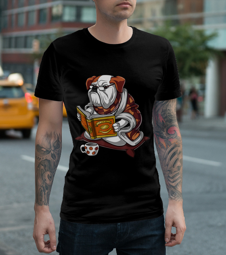English Bulldog Book Reading Glasses With Polka Dot Mug Cozy Nerd Aesthetic T-Shirt