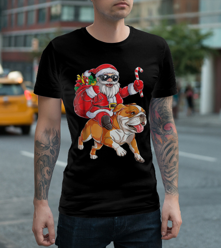Santa Claus Riding English Bulldog with Candy Cane and Presents T-Shirt