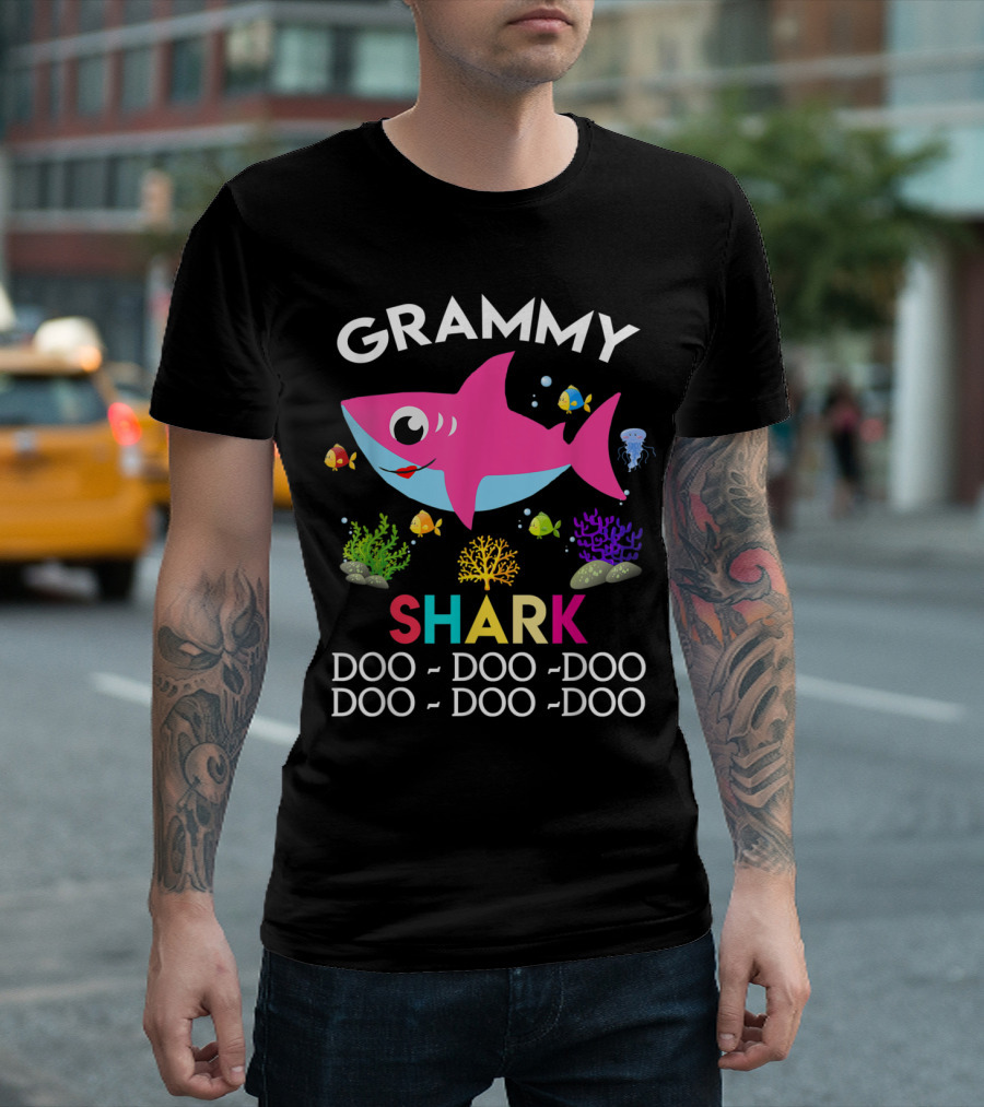 Grammy Shark Doo Doo Doo Pink Shark with Colorful Underwater Fish and Coral T-Shirt