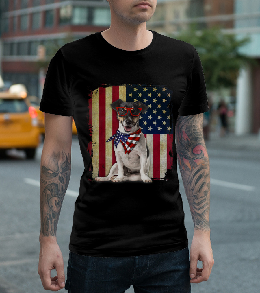 Jack Russell American Flag with Sunglasses and Bandana T-Shirt