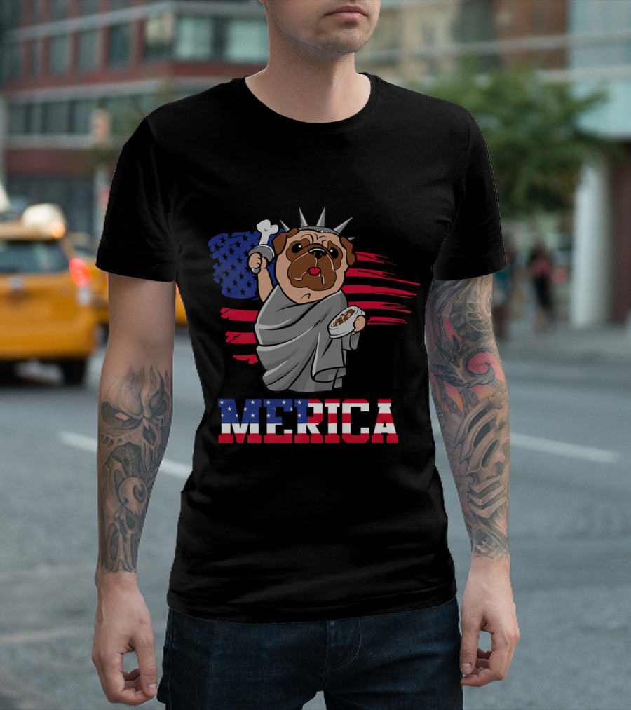English Bulldog Statue of Liberty Merica American Flag Bone T-Shirt