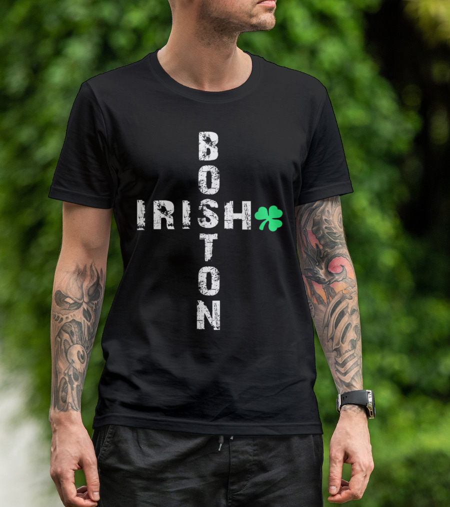 Boston Irish Shamrock Vertical And Horizontal Text T-Shirt