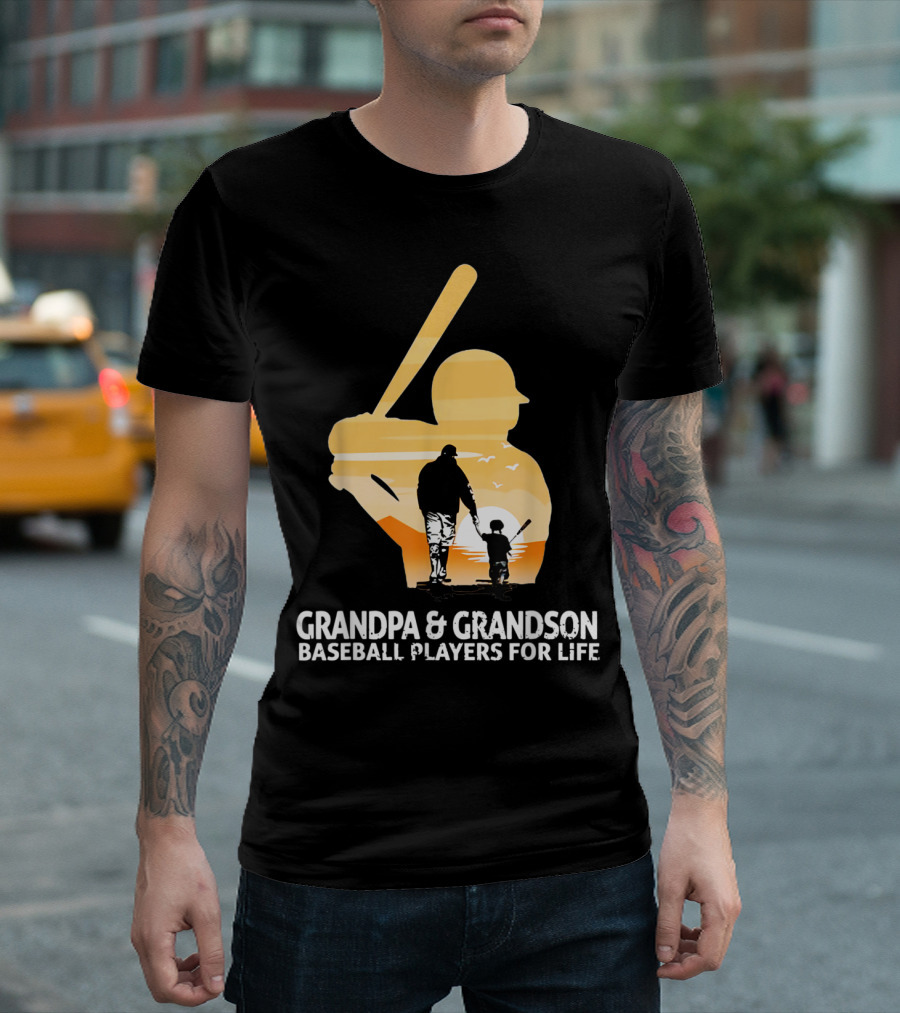 Grandpa and Grandson Baseball Players for Life Sunset T-Shirt