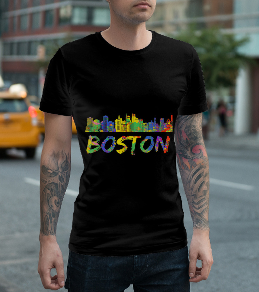 Boston Skyline Colorful Paint Art Text T-Shirt