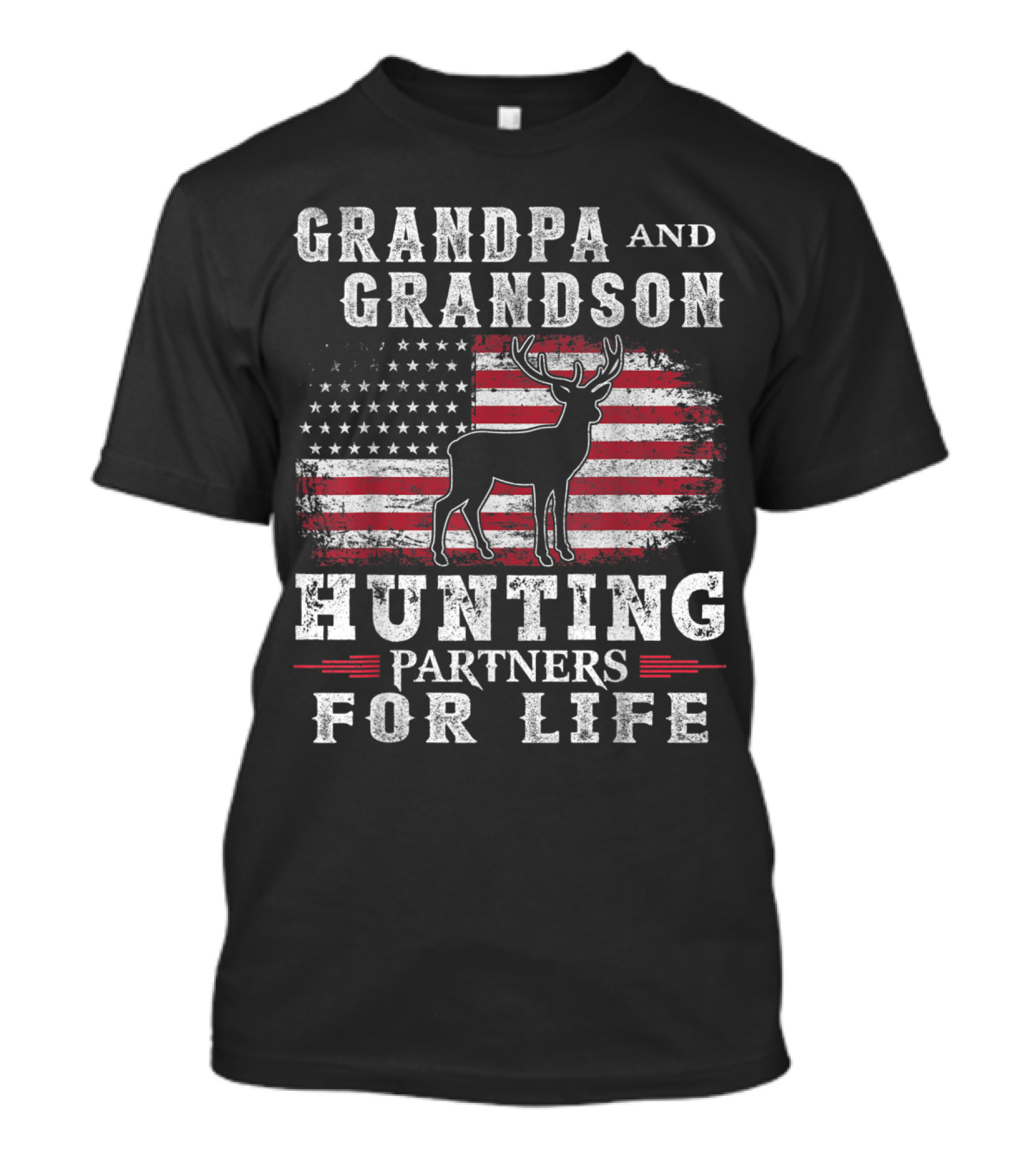 Grandpa And Grandson And Hunting Partners For Life With American Flag And Deer T-Shirt