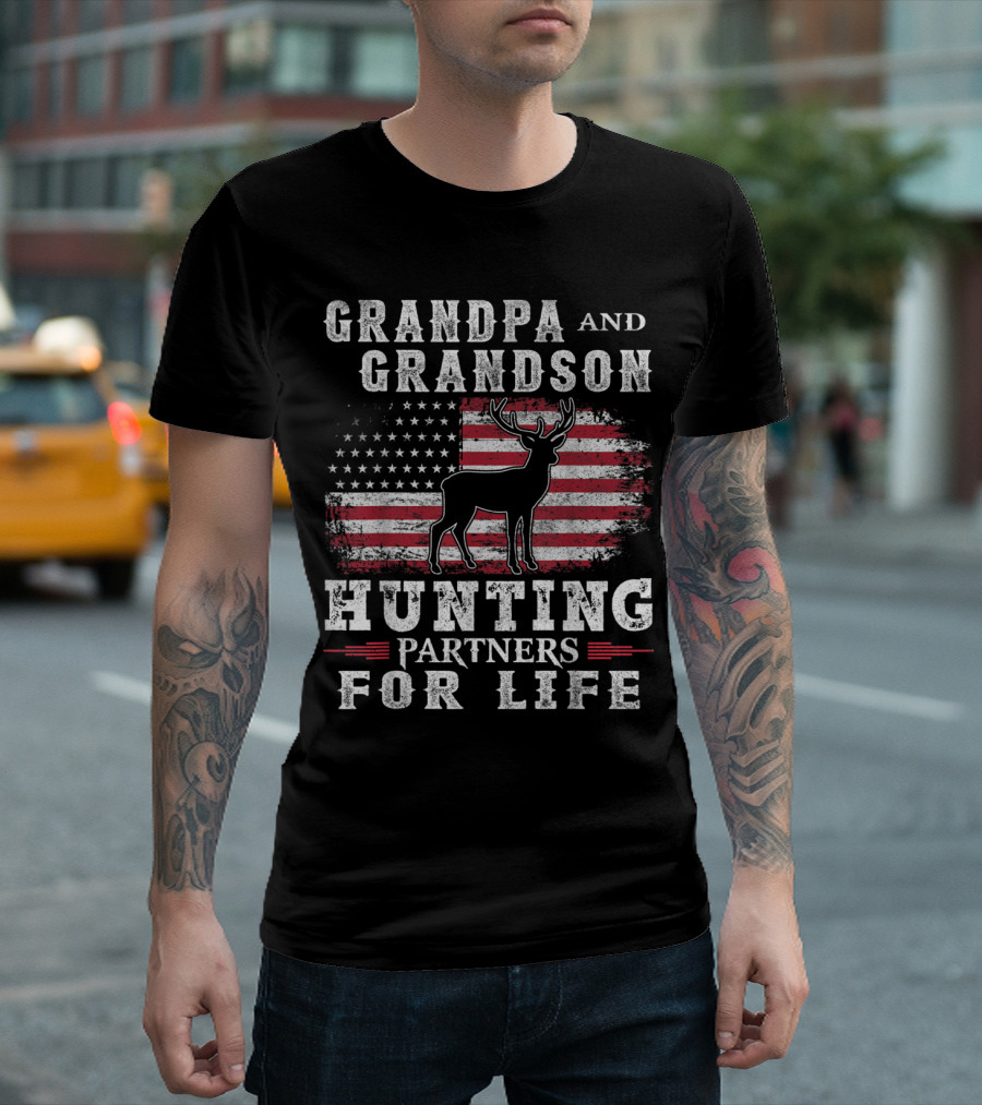 Grandpa And Grandson And Hunting Partners For Life With American Flag And Deer T-Shirt