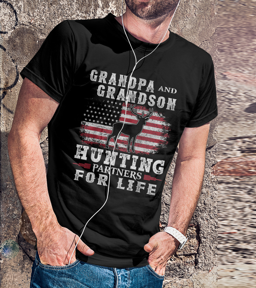 Grandpa And Grandson And Hunting Partners For Life With American Flag And Deer T-Shirt