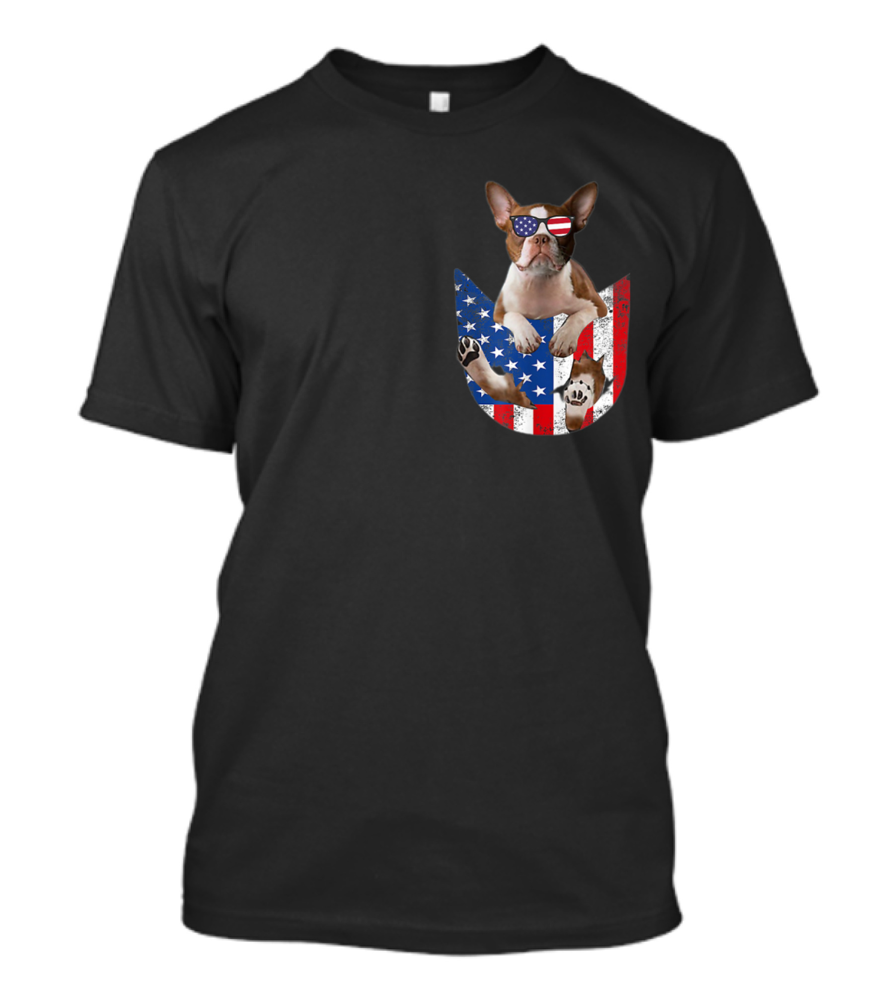 Boston Terrier American Flag Glasses Fourth Of July Inside Pocket USA Independence Day T-Shirt