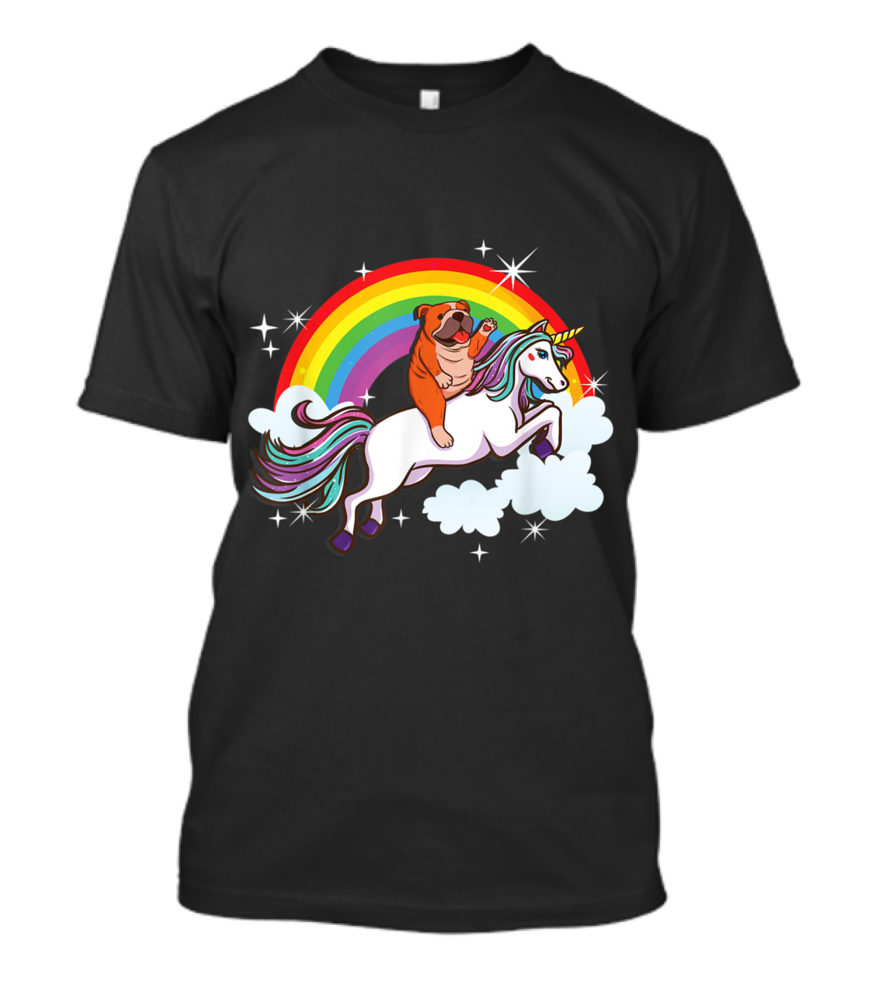 English Bulldog Joyfully Riding A Magical Unicorn Over Vibrant Rainbow And Clouds T-Shirt