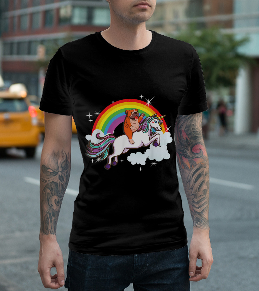 English Bulldog Joyfully Riding A Magical Unicorn Over Vibrant Rainbow And Clouds T-Shirt