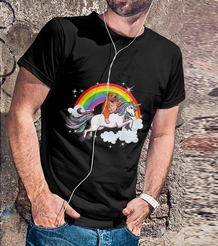 English Bulldog Joyfully Riding A Magical Unicorn Over Vibrant Rainbow And Clouds T-Shirt