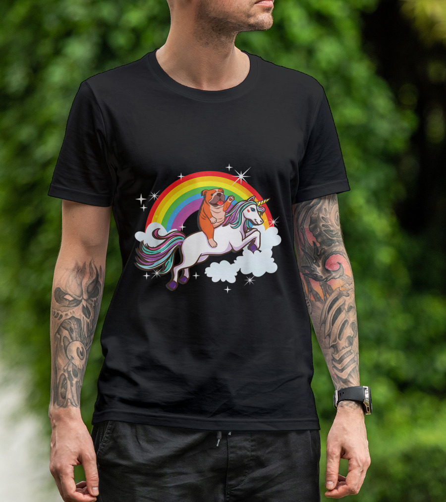 English Bulldog Joyfully Riding A Magical Unicorn Over Vibrant Rainbow And Clouds T-Shirt