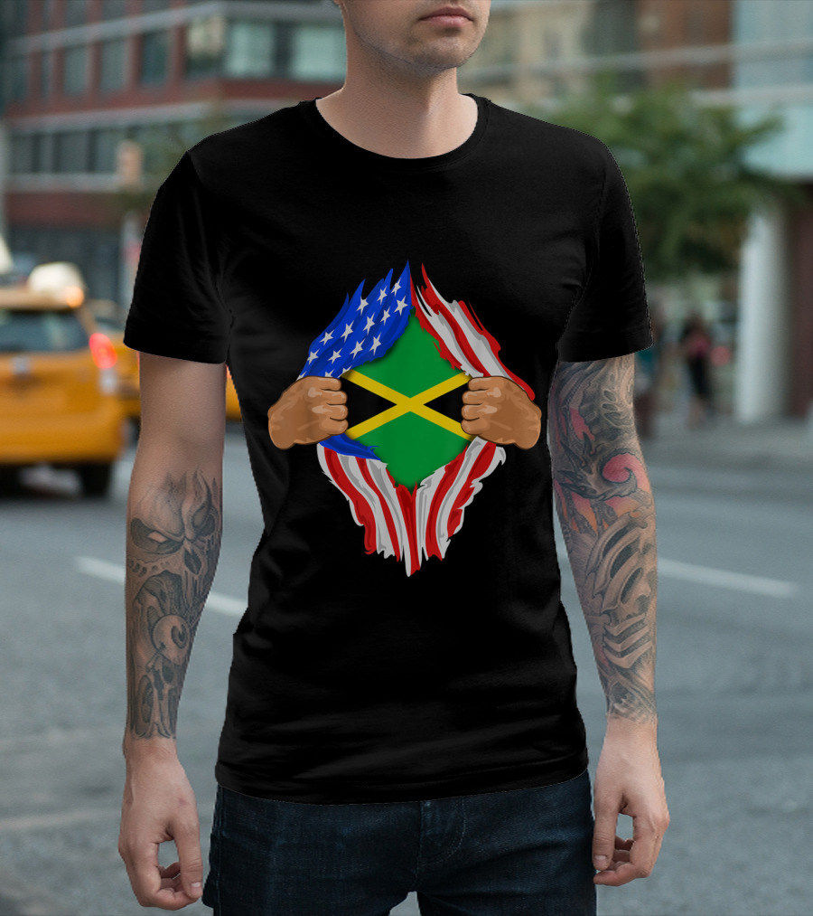 Jamaican Blood Inside Me Jamaica American Flag Ripped Open Displaying Jamaican Flag T-Shirt