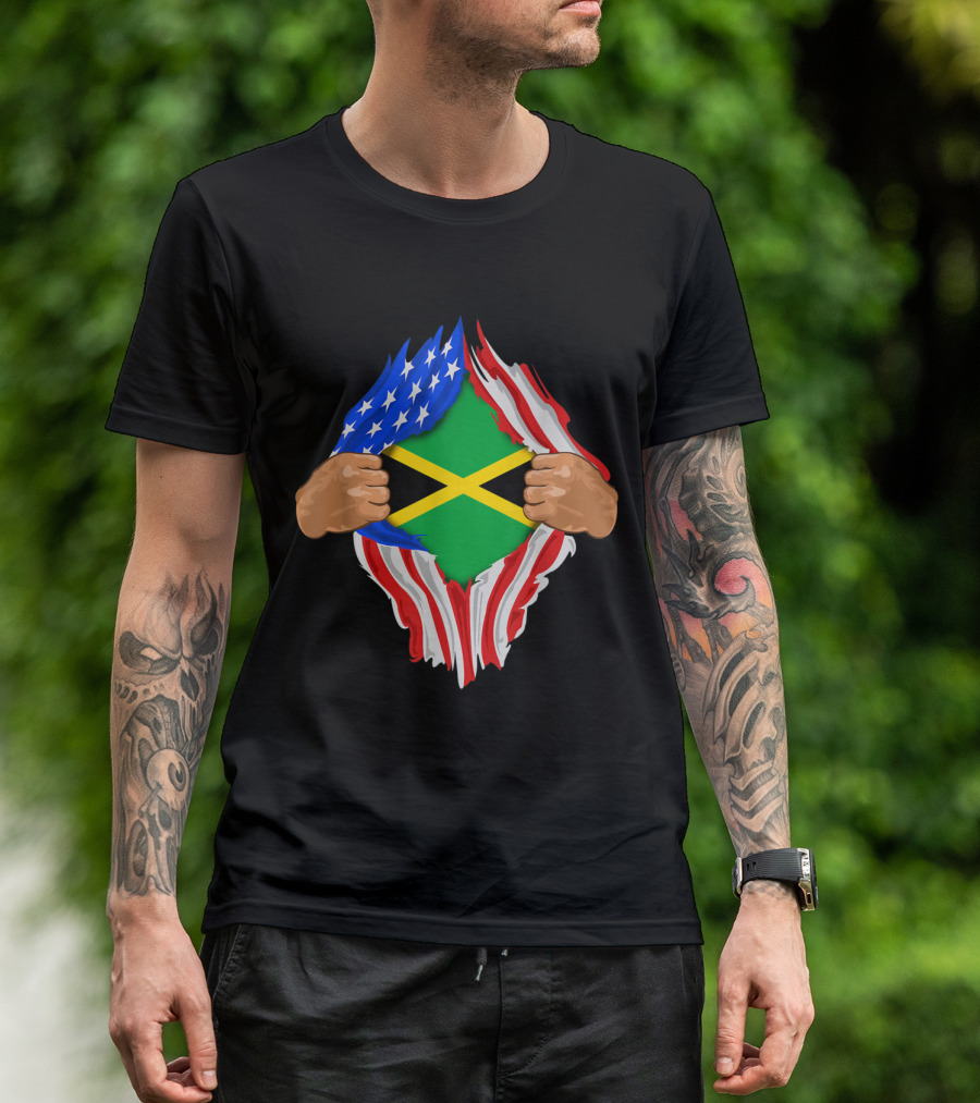 Jamaican Blood Inside Me Jamaica American Flag Ripped Open Displaying Jamaican Flag T-Shirt