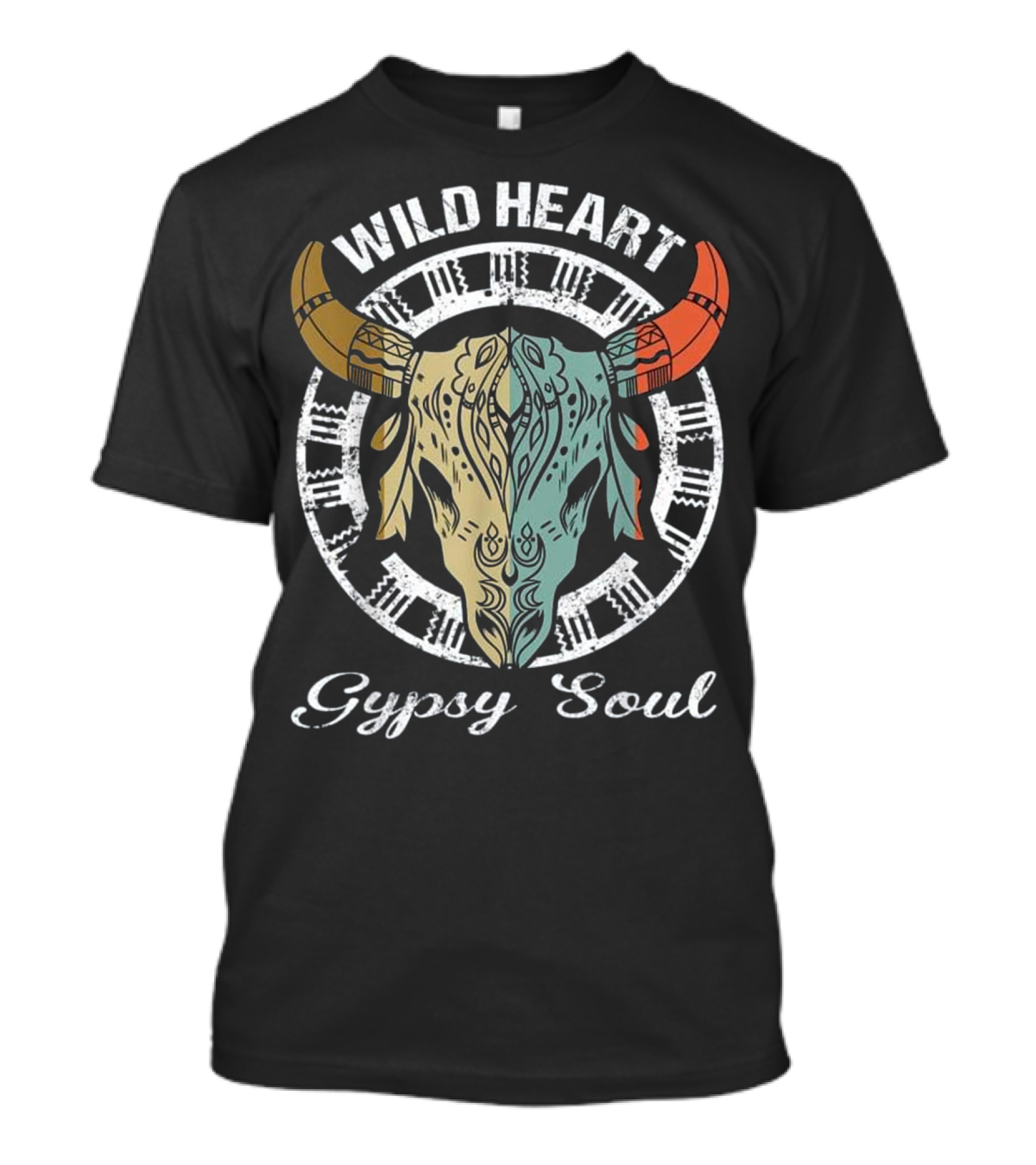Wild Heart Gypsy Soul Colorful BoHo Cow Skull T-Shirt