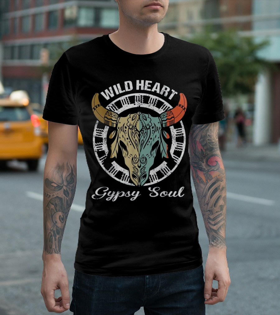 Wild Heart Gypsy Soul Colorful BoHo Cow Skull T-Shirt