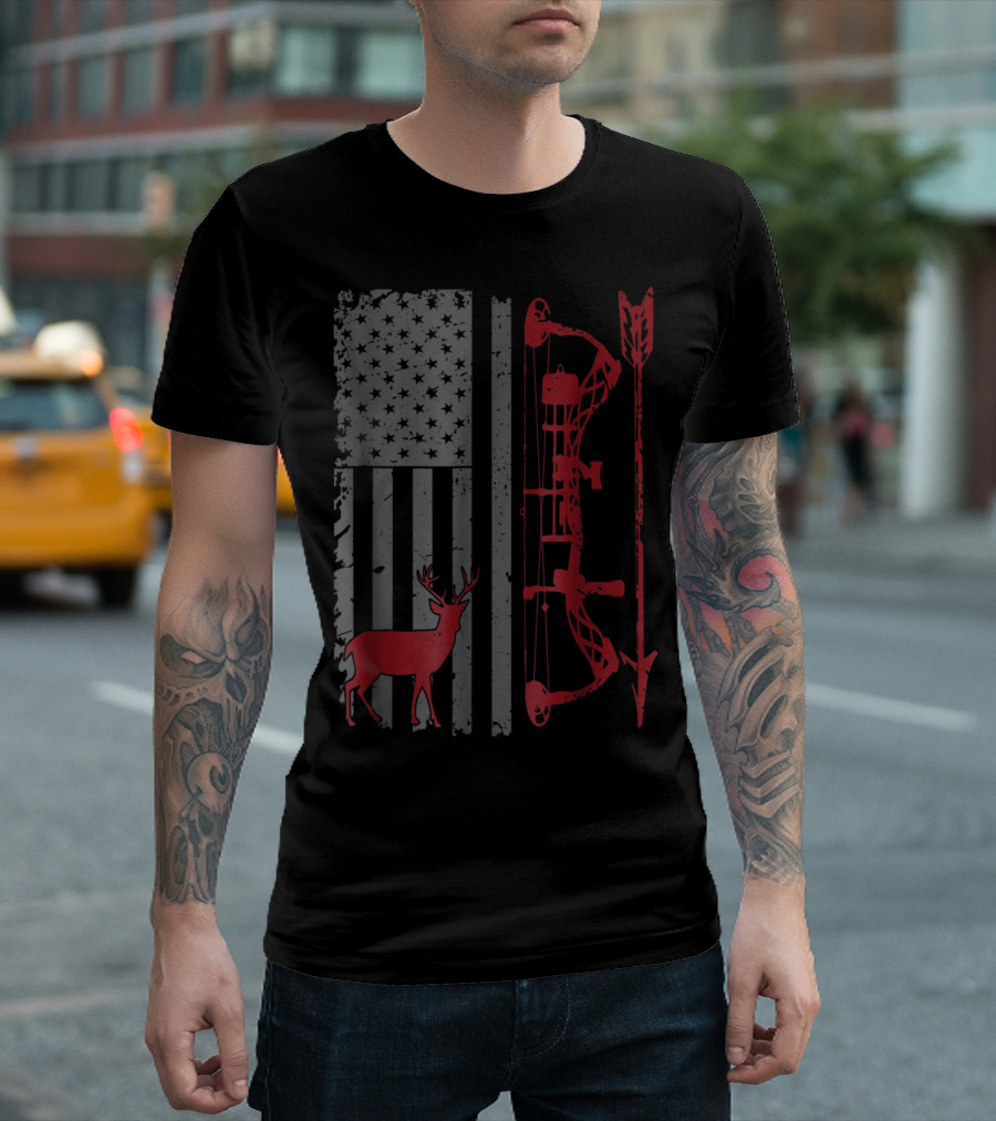 Bow Hunter American Flag Deer Bow Arrow Hunting Gear T-Shirt