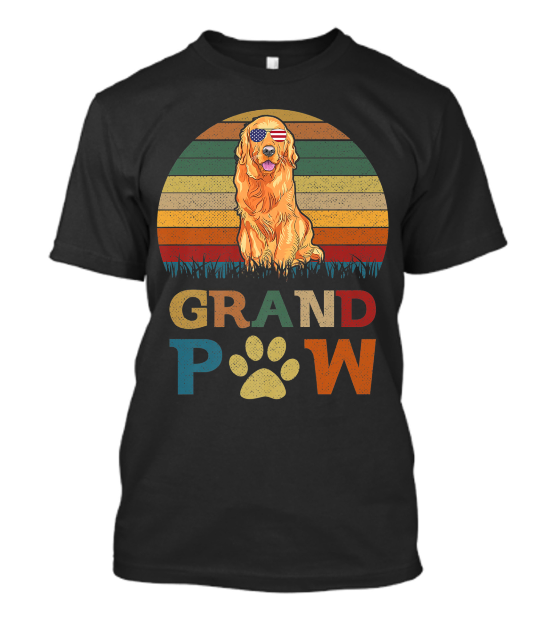 Grandpaw Golden Retriever Dog With American Flag Sunglasses Retro Sunset T-Shirt
